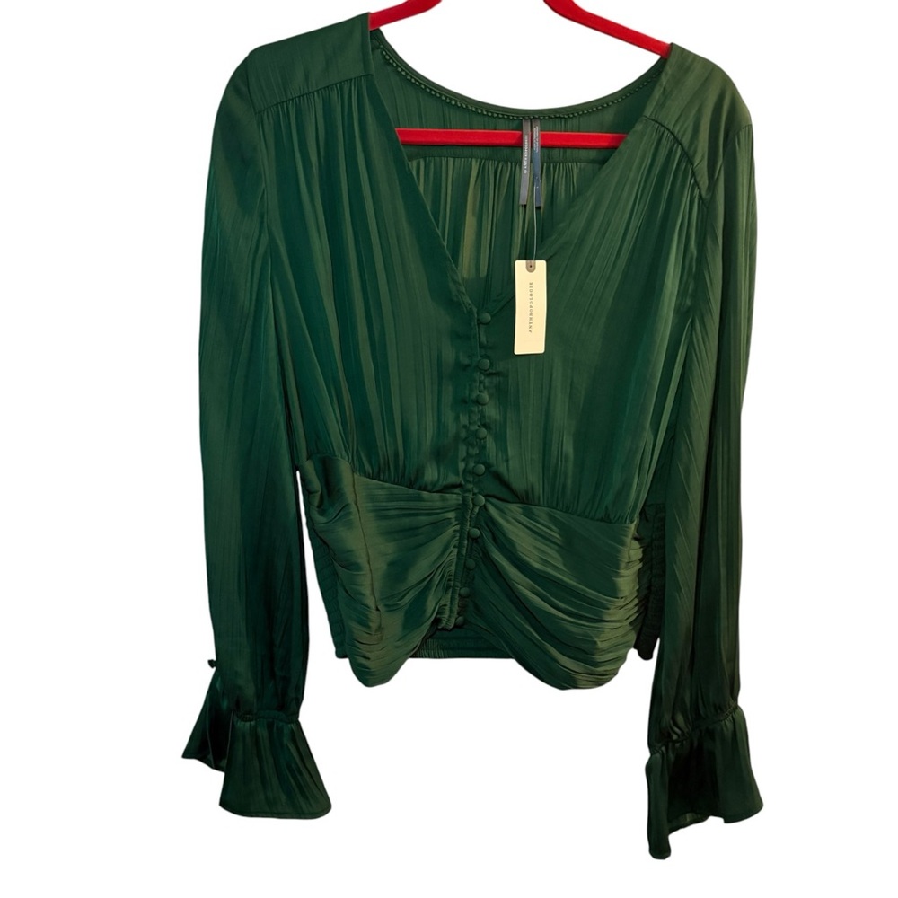 Anthropologie Dark Green Button-Front Ruched V-Neck Blouse